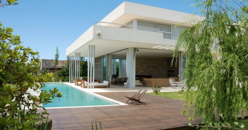 Modern house design with pool and garden